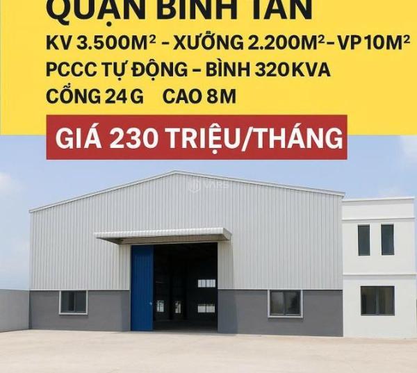 Cho thuê kho xưởng Trần Văn Giàu, Bình Tân,KV: 3.500m2,xưởng : 🏠 2.200m2