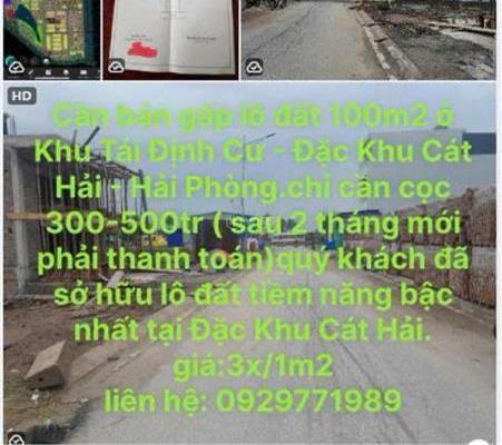 Cần bán gấp Lô Đất 100m2 ở Khu Tái Định Cư – Đặc Khu Cát Hải – Hải Phòng. chỉ 🏘️ cần cọc 300