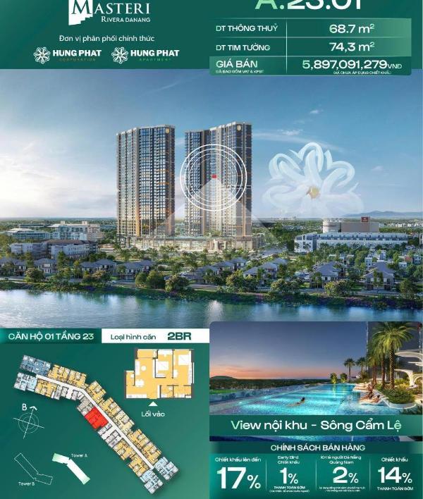 Căn 2pn/67.8m2 giá 4.9 tỷ view 🏠 sông và nội khu thoát mát - masteri rivera
