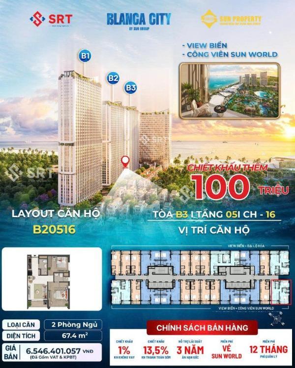 <mark style="background-color: transparent; font-weight: bold; ">Căn Hộ Góc 2pn Blanca City Duy Nhất Còn 1 Căn – View Trực Diện Công Viên Nước Sun World</mark>