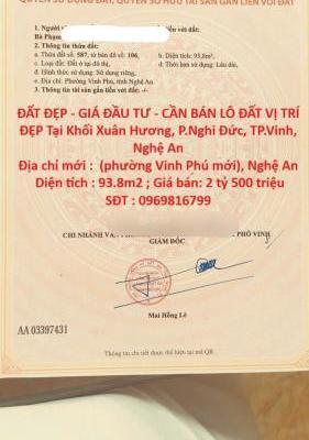 ĐẤT ĐẸP 🏡 - GIÁ ĐẦU TƯ - CẦN BÁN LÔ ĐẤT VỊ TRÍ ĐẸP Tại Khối Xuân Hương, P.Nghi Đức,