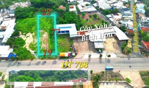 Bán đất mặt tiền DT 768, 🏦 Bình Hòa, Vĩnh Cửu: 19 (NH: 21m) x 76= 1.457m, giá 19,9 tỷ.