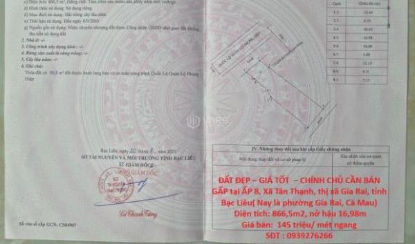 ĐẤT ĐẸP – GIÁ TỐT 🏚️ – CHÍNH CHỦ CẦN BÁN GẤP tại Xã Tân Thạnh, thị xã Gía Rai, tỉnh Bạc
