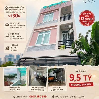 BÁN CHDV 81 PHẠM VẮN 🏡 ĐỒNG P3 4,7X17 CN 80M2 ĐCT 13P TN 400tr/năm cách MT 30m giá 9,5 tỷ TL