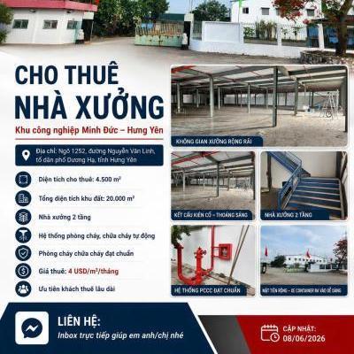 CHO THUÊ NHÀ XƯỞNG - GIÁ TỐT 🔥 - Vị Trí Đắc Địa Tại KCN Minh Đức, Hưng Yên