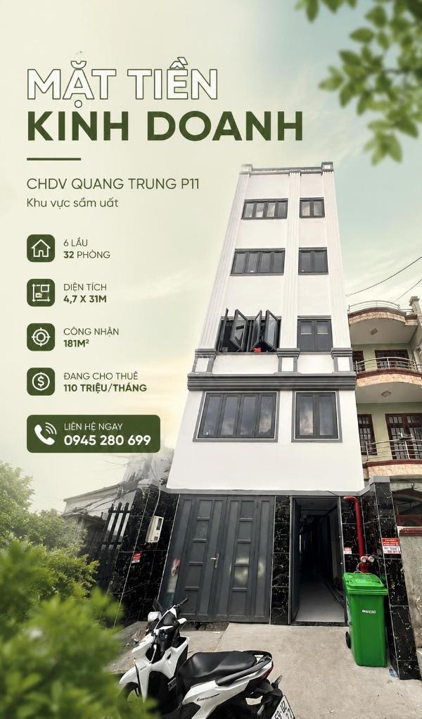 Nhỉnh 92tr/m2 chdv hxh 🏡 579 quang trung p11 4,7x31 cn 181m2 đct 110tr/thg giá 18 tỷ tl