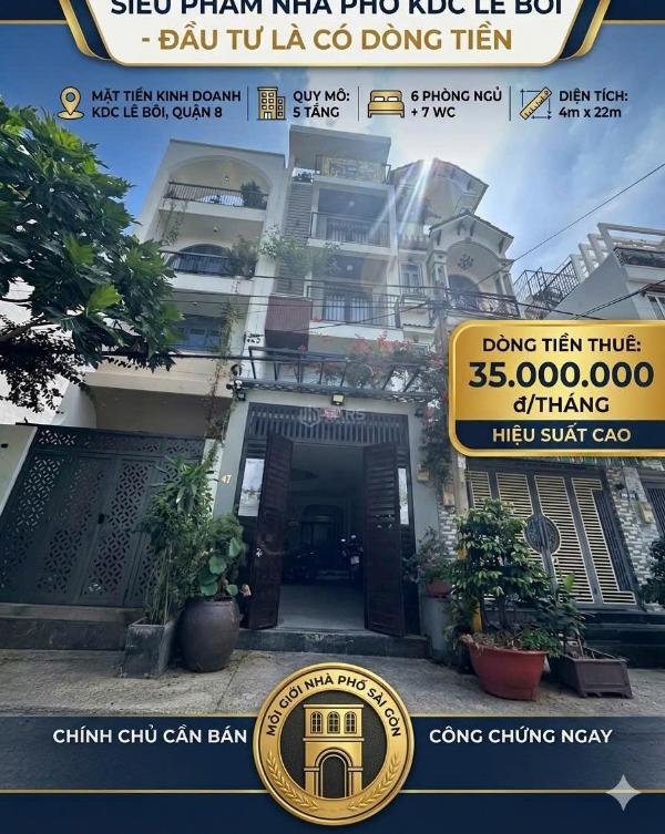 Mặt tiền kd kdc lê bôi, p. bình đông, quận 8, 🏠 5 tầng, 90m2, dòng tiền 35tr/tháng