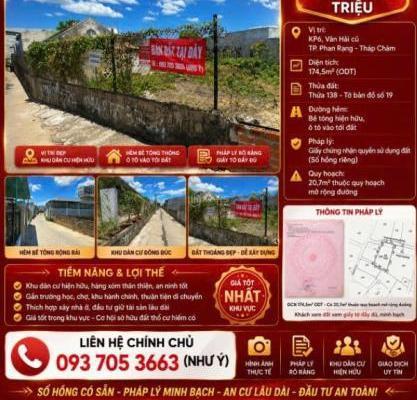 DƯỚI 1 TỶ SỞ HỮU 👍 174,5M² ĐẤT ODT Phường VĂN HẢI - Thành Phố Phan Rang- Tháp Chàm– GIÁ