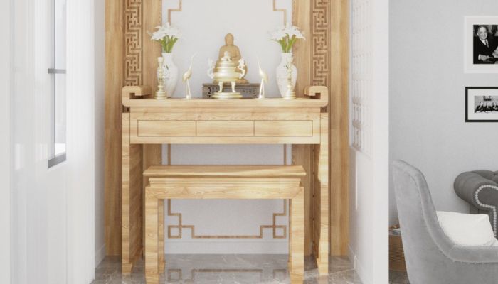 1- Thiết kế phòng thờ kết hợp phòng khách nhà cấp 4 vừa đảm bảo tính thẩm mỹ vừa thể hiện sự trang trọng