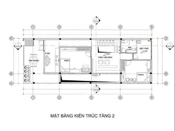 Bản vẽ tầng 2 nhà ống 2 tầng 4x15M