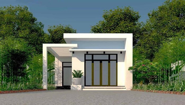 Thiết kế nhà ống 1 tầng 6x12m với mặt trước trang trí kính