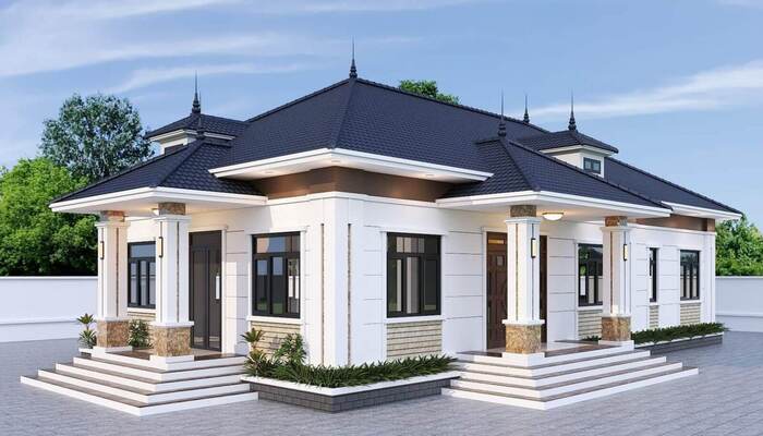 Mặt bằng biệt thự hiện đại với 3 phòng ngủ, bếp, sân vườn.